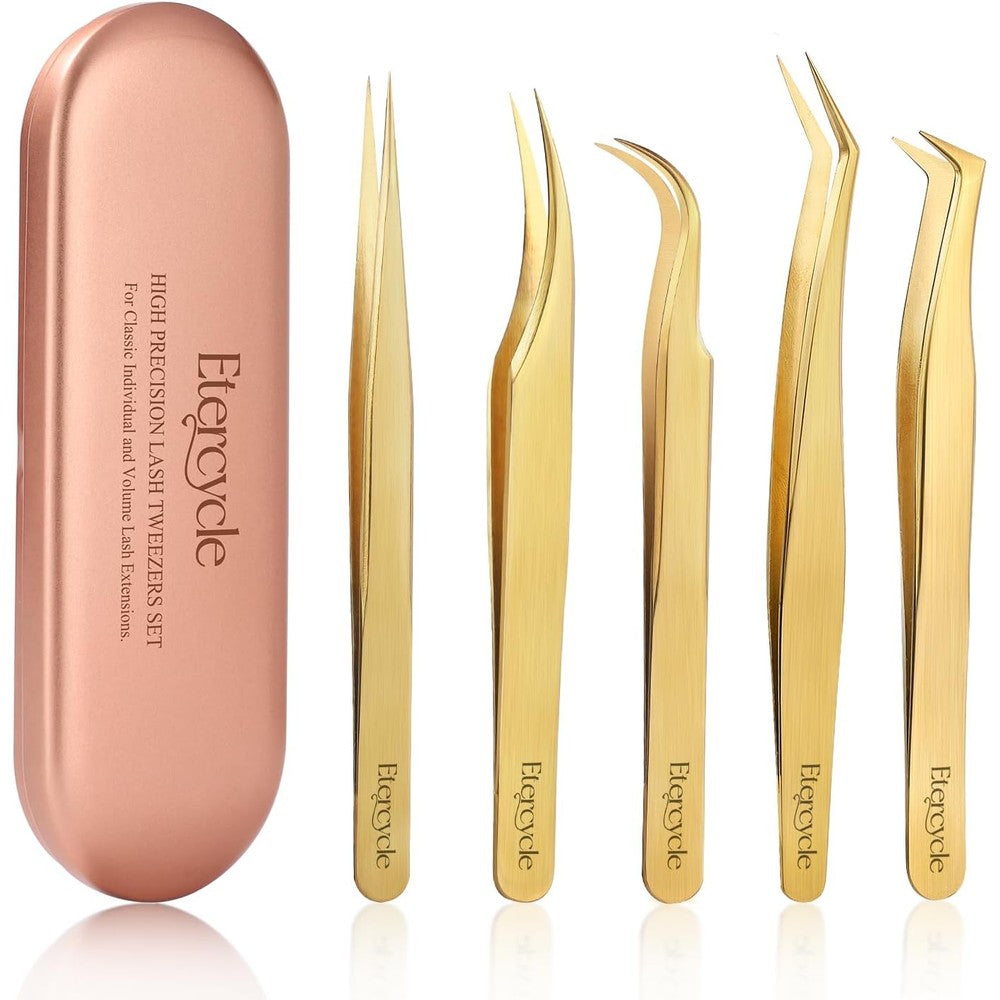 Etercycle High Precision Lash Tweezers Set showing five gold stainless steel tools arranged neatly inside a protective metallic rose gold storage box