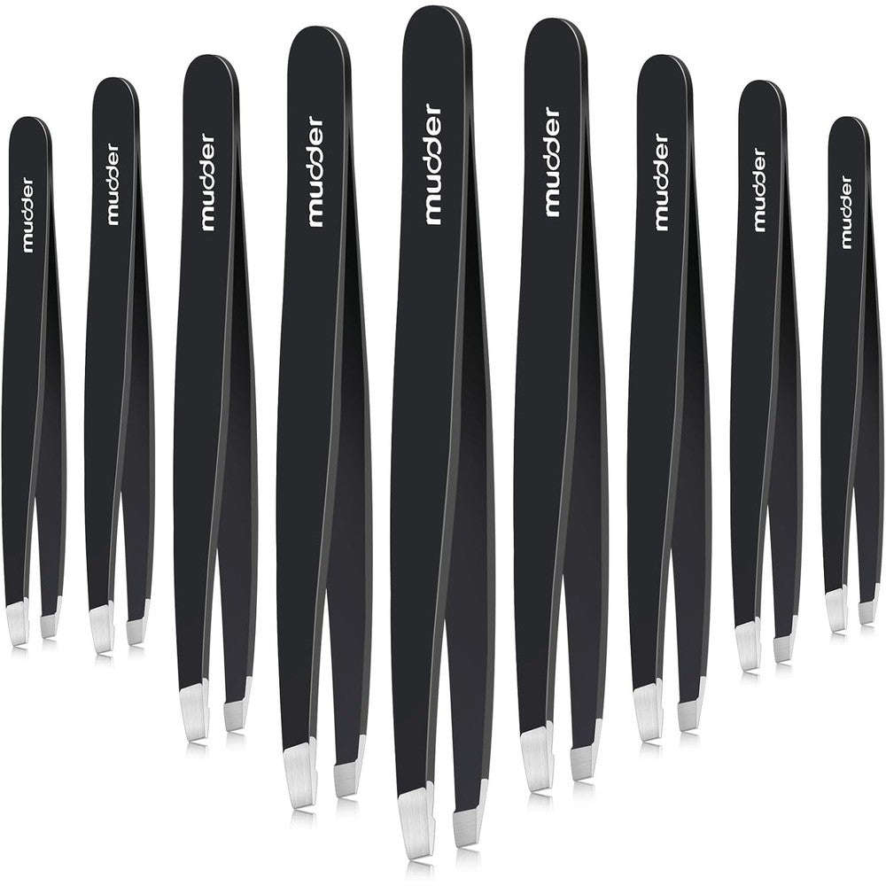 Mudder 12 Pieces Eyebrow Tweezers Set front view showing black matte stainless steel finish grooming tools.