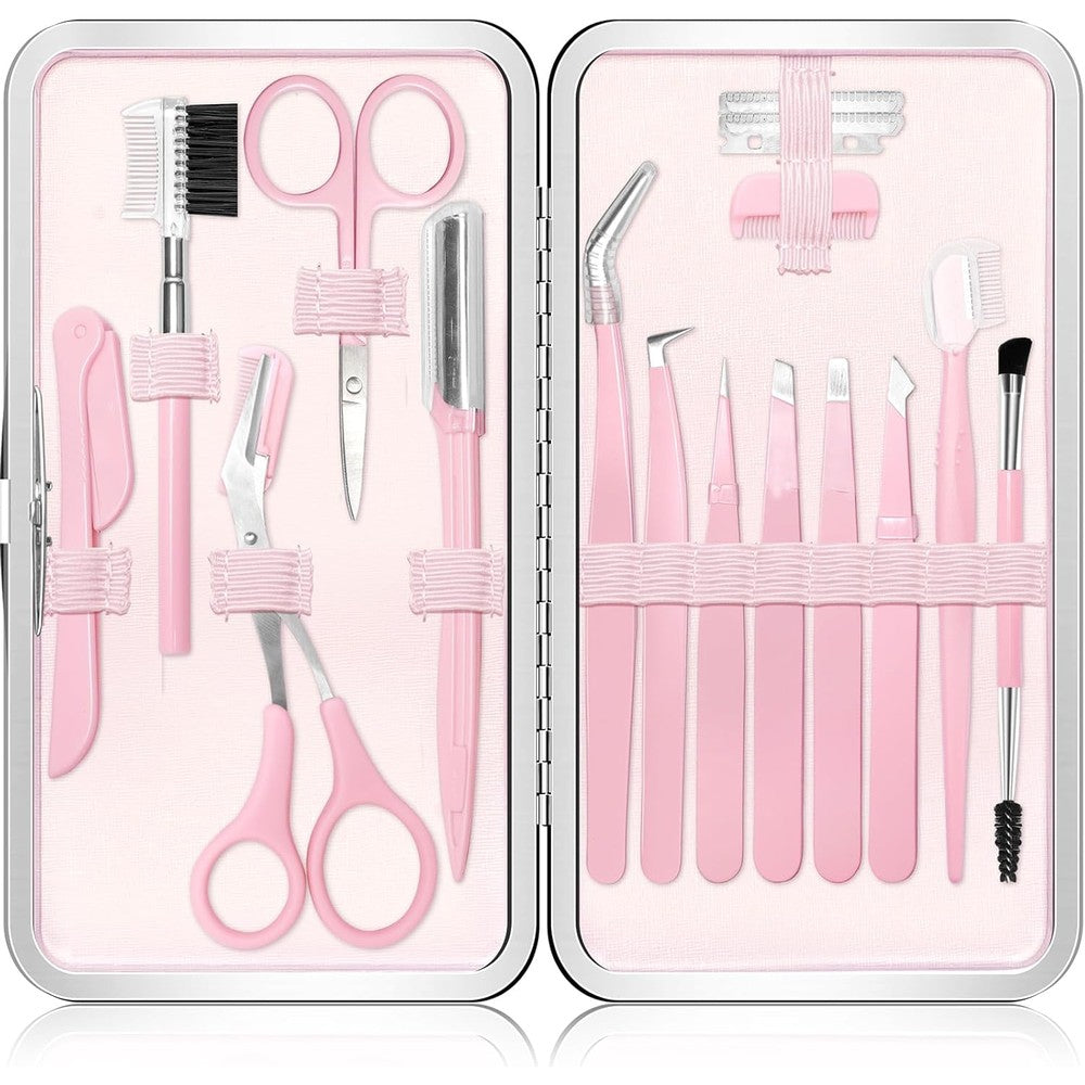 NXPPYY eyebrow kit front view showing seventeen grooming tools arranged neatly in an open storage case