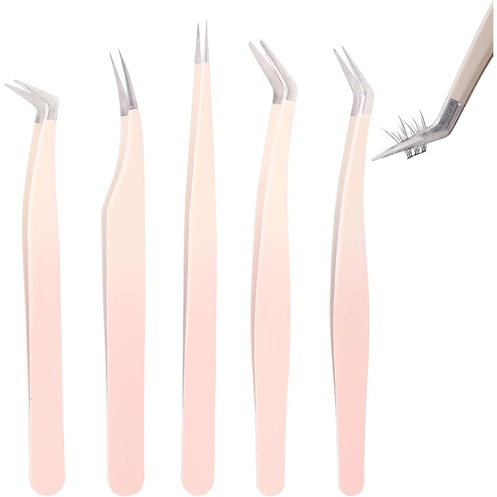 Rnodoilkfly 5 piece lash extension tweezers set front view showing gradient pink handles and stainless steel tips