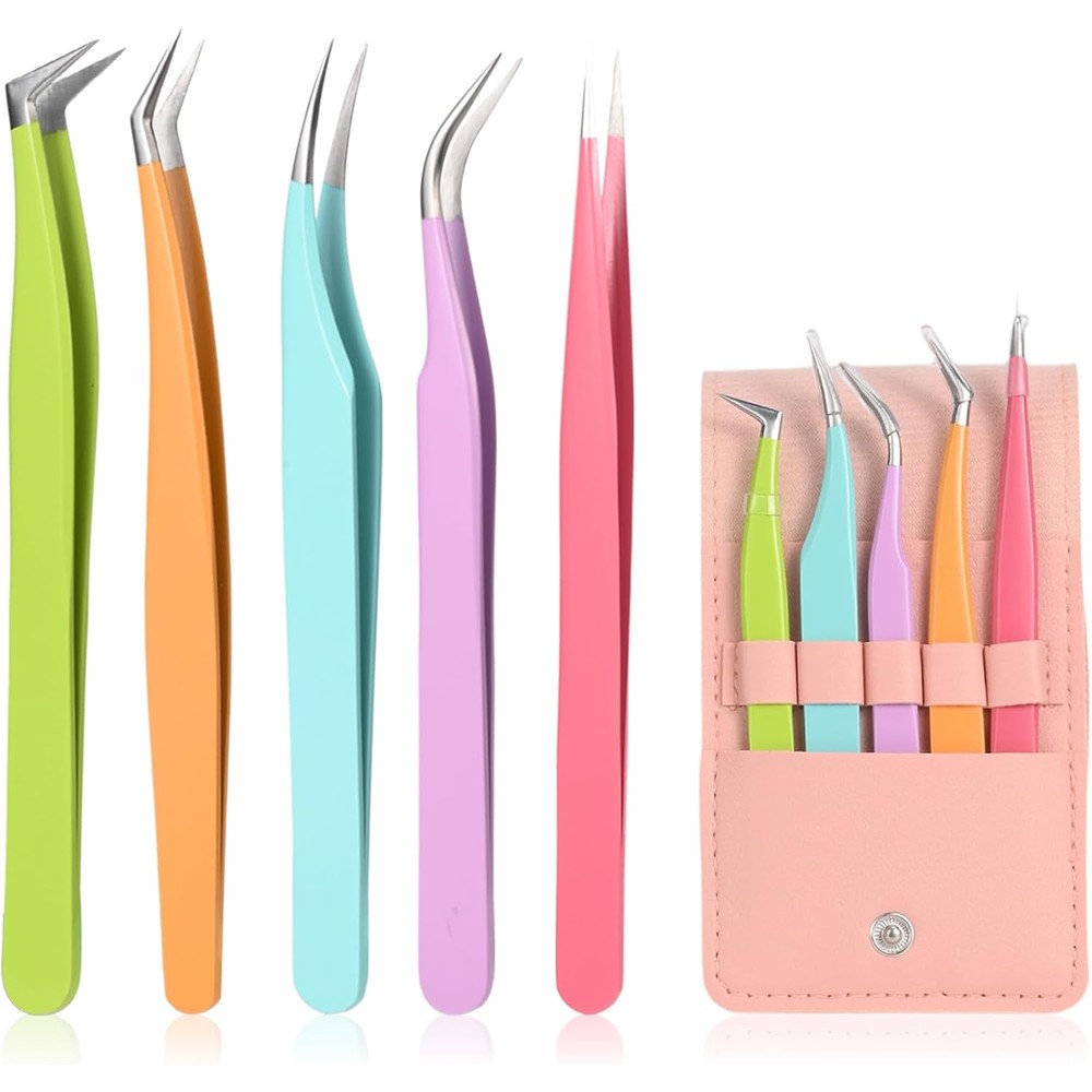 LQOQA eyelash extension tweezers five piece high precision stainless steel set front view