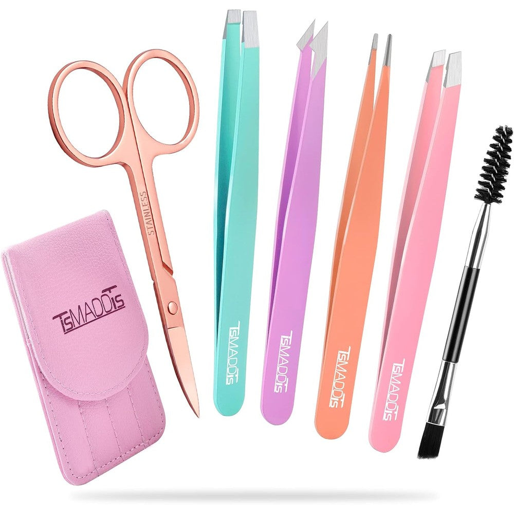 TsMADDTs 6 piece eyebrow tweezers set front view showing four colorful tweezers and curved scissors in a leather travel case.