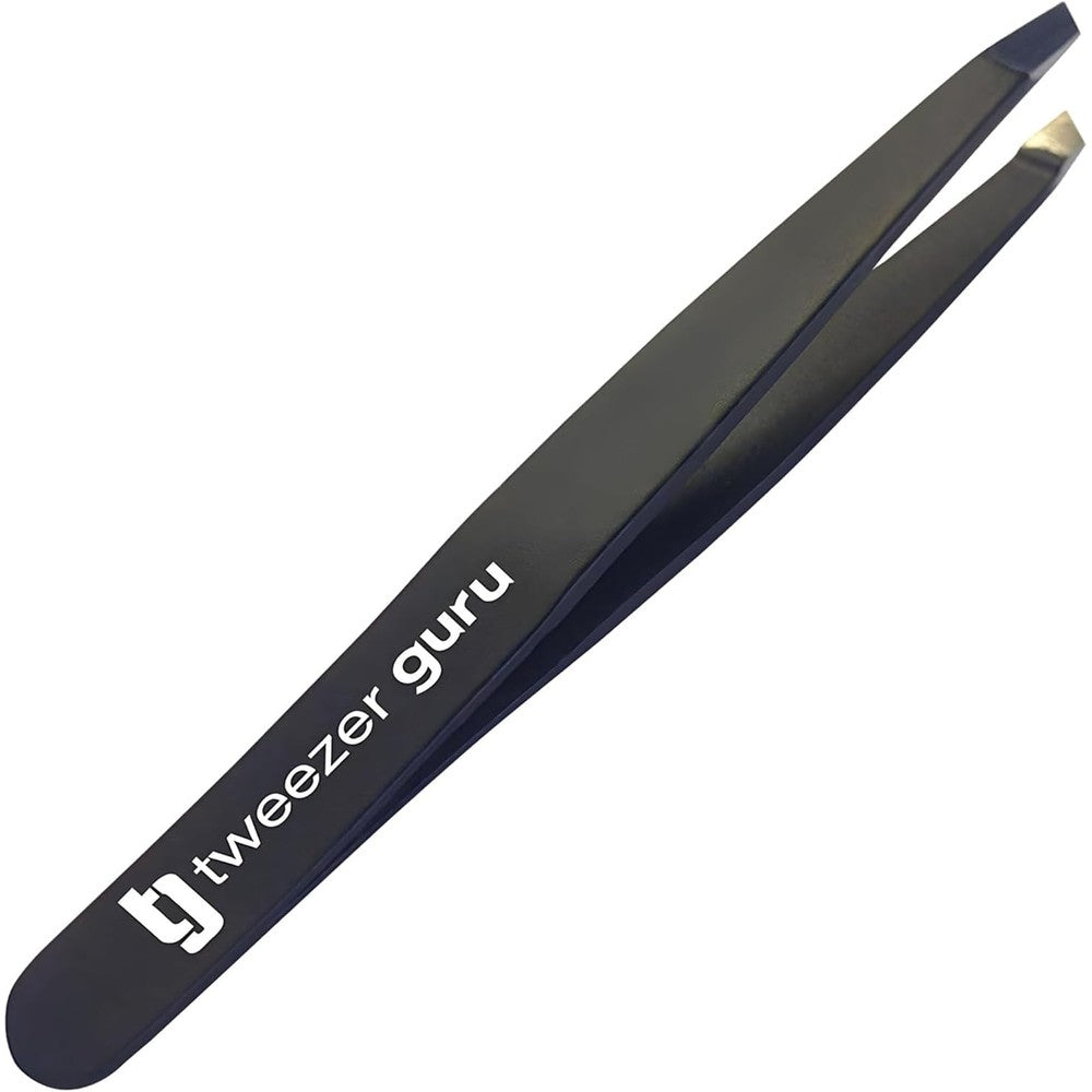 Tweezer Guru professional slant tip eyebrow tweezer in matte black front view