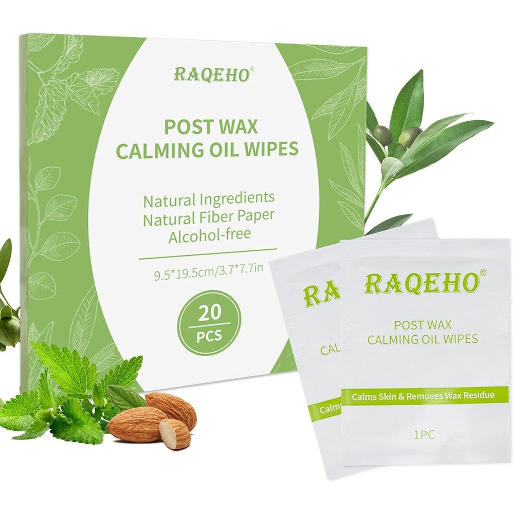 RAQEHO Post Wax Calming Oil Wipes front view of twenty count retail packaging