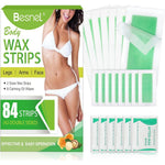 Besnel hair removal wax strips kit front view packaging showing eighty four strips and calming wipes.