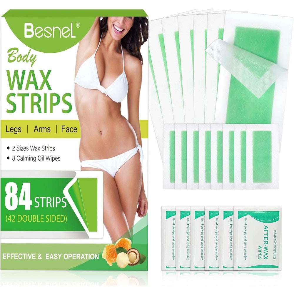 Besnel hair removal wax strips kit front view packaging showing eighty four strips and calming wipes.
