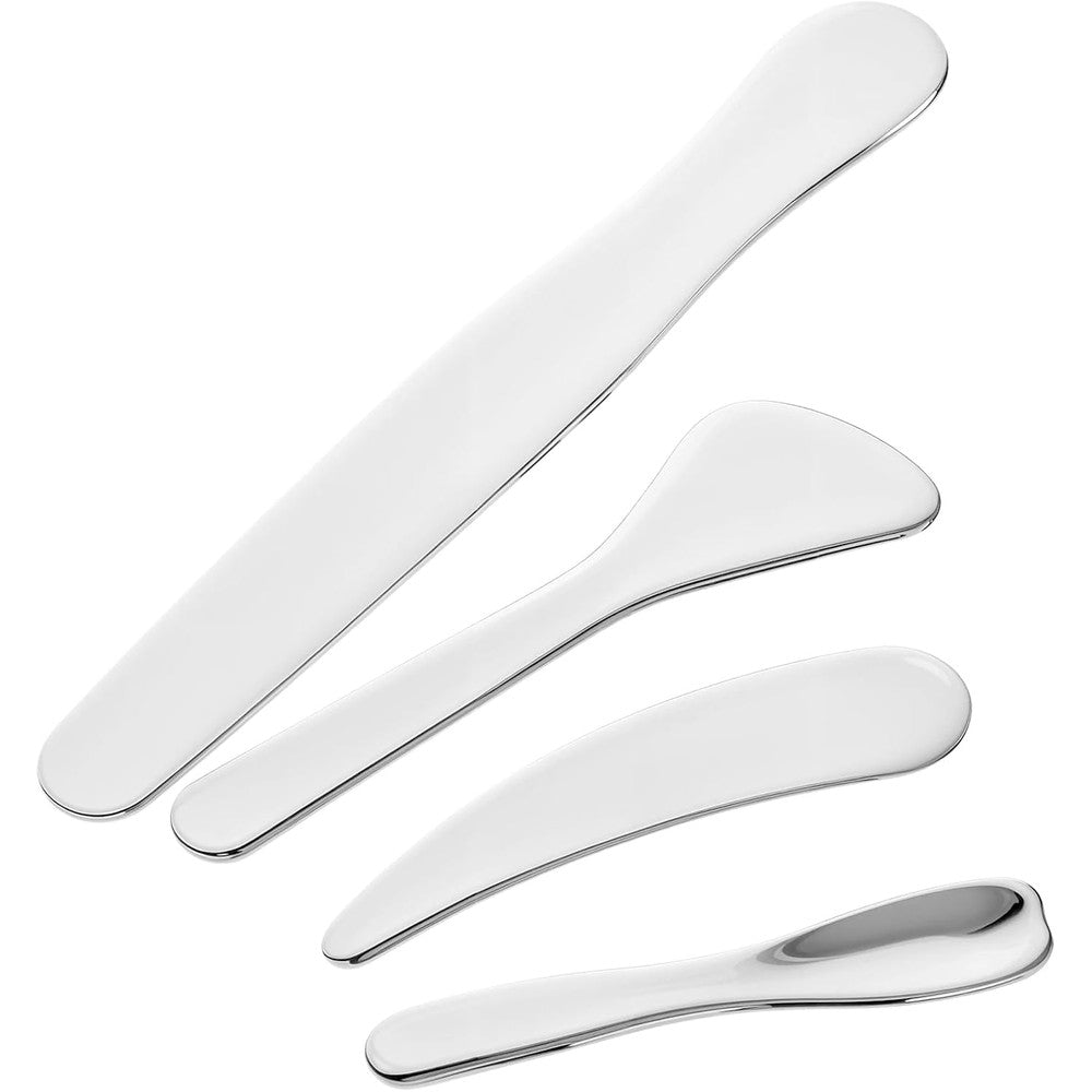 LISAPACK mini metal makeup spatula four piece set front view showing different applicator shapes.