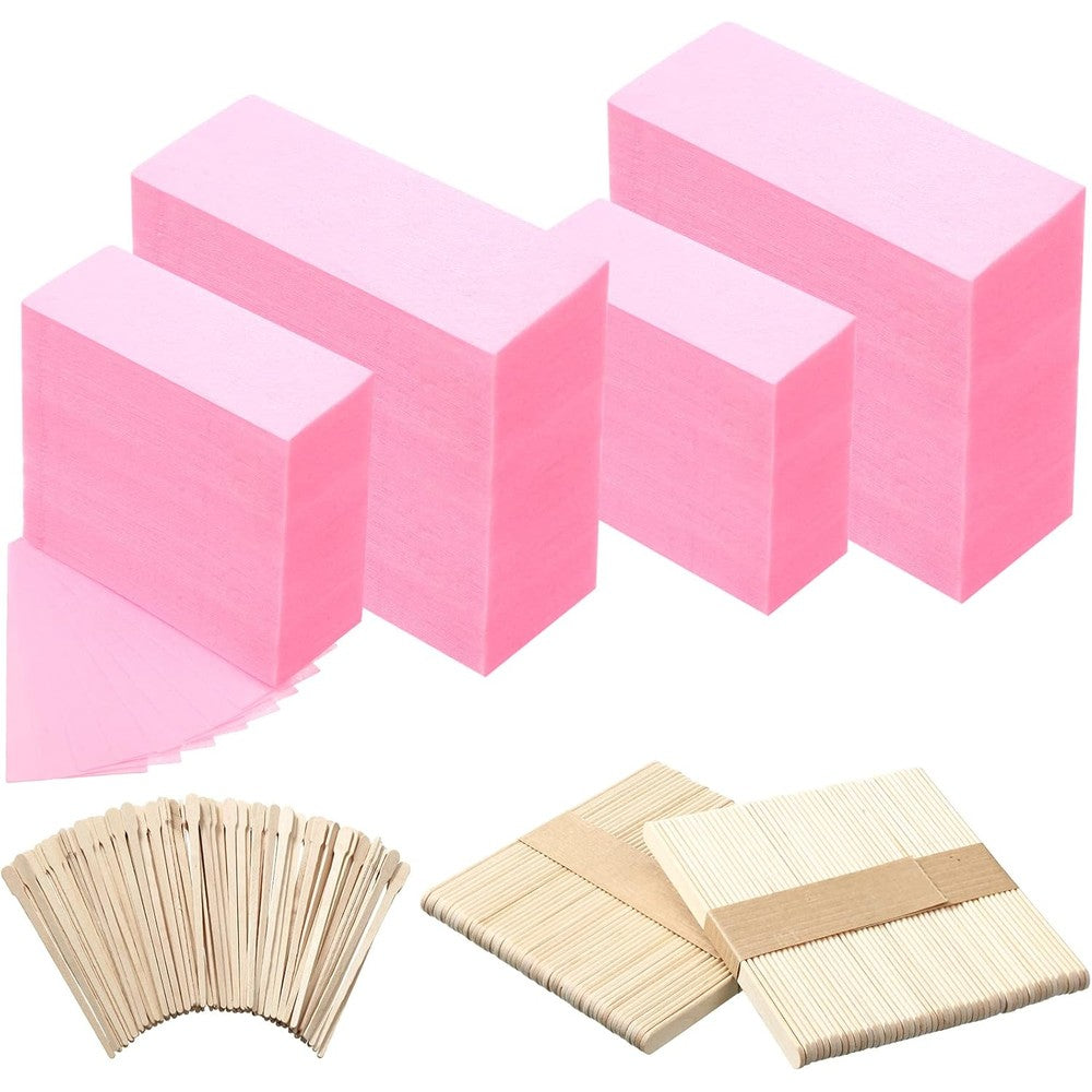 Blulu 400 Pieces Wax Strips Sticks Kit front view featuring pink non-woven fabric waxing strips and wooden applicator spatulas