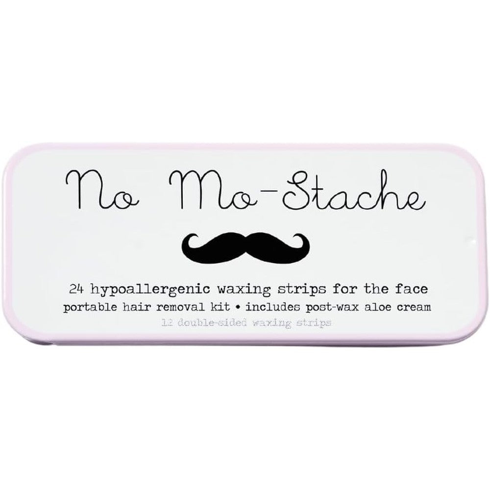 No Mo-Stache Shark Tank Lip Wax Strips front packaging view showcasing the portable metal travel tin