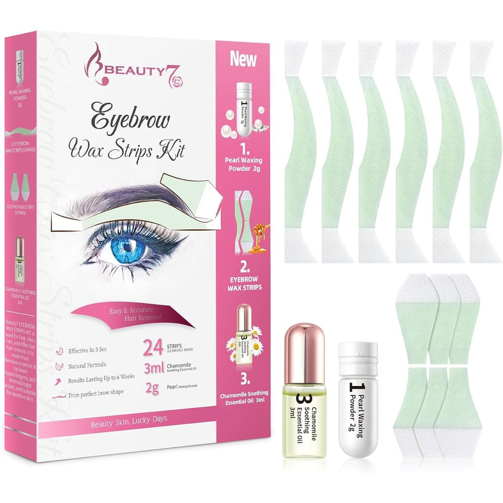 Beauty7 Eyebrow Wax Strips Kit front view packaging with pearl powder and essential oil