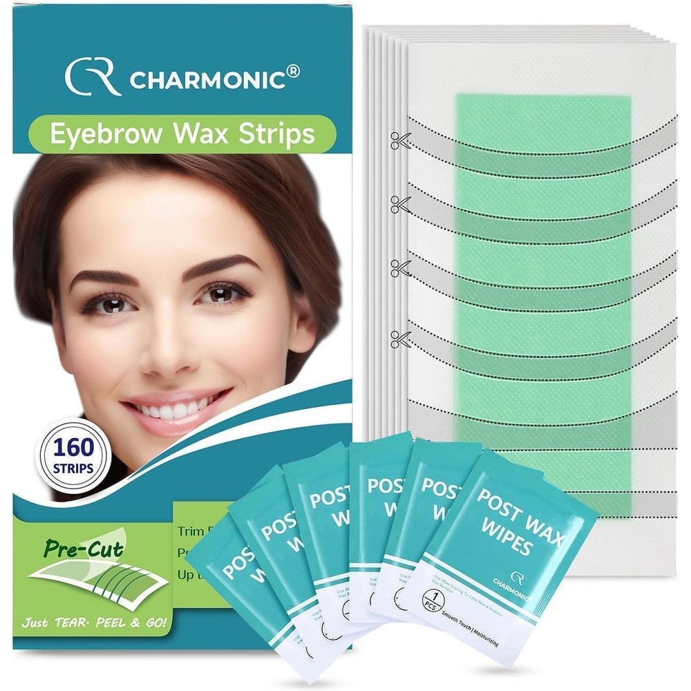 Charmonic Eyebrow Wax Strips front packaging view showcasing the one hundred sixty pieces facial hair removal kit