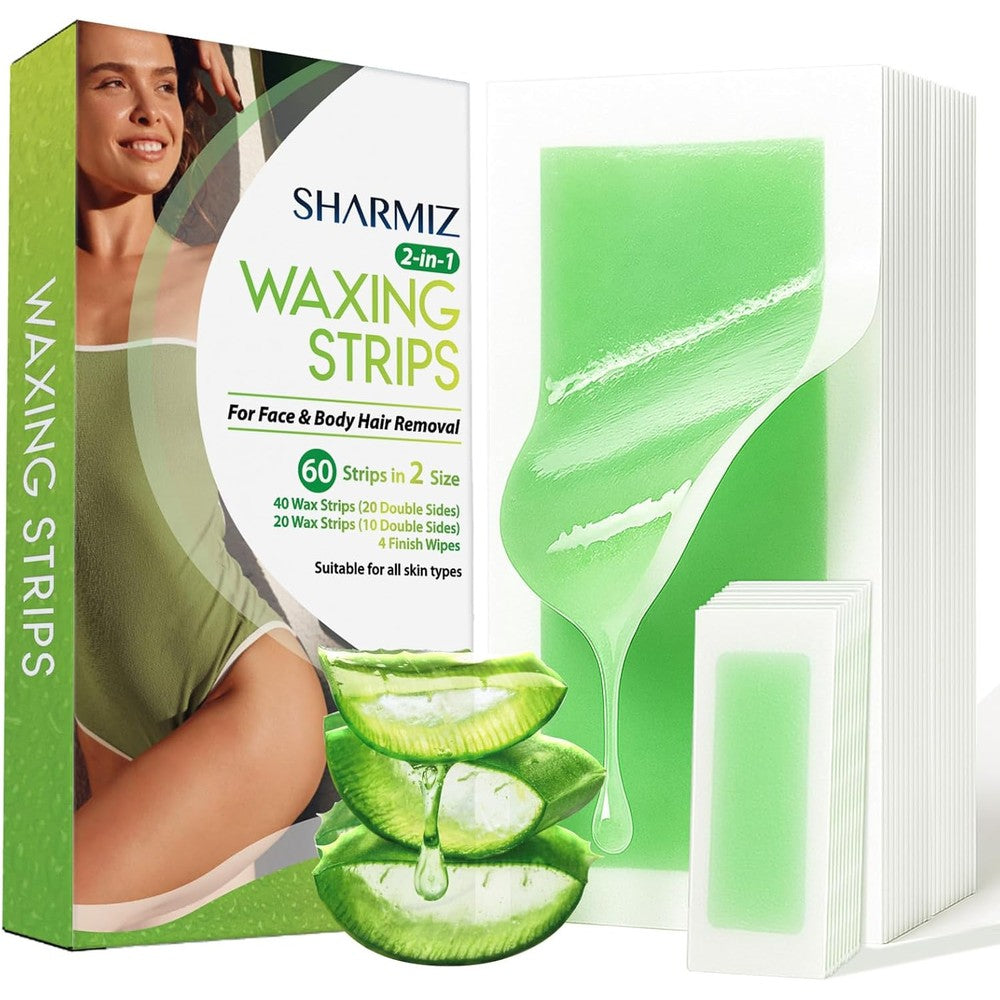 Sharmiz Wax Strips Hair Removal Kit sixty pieces front view showcasing packaging box