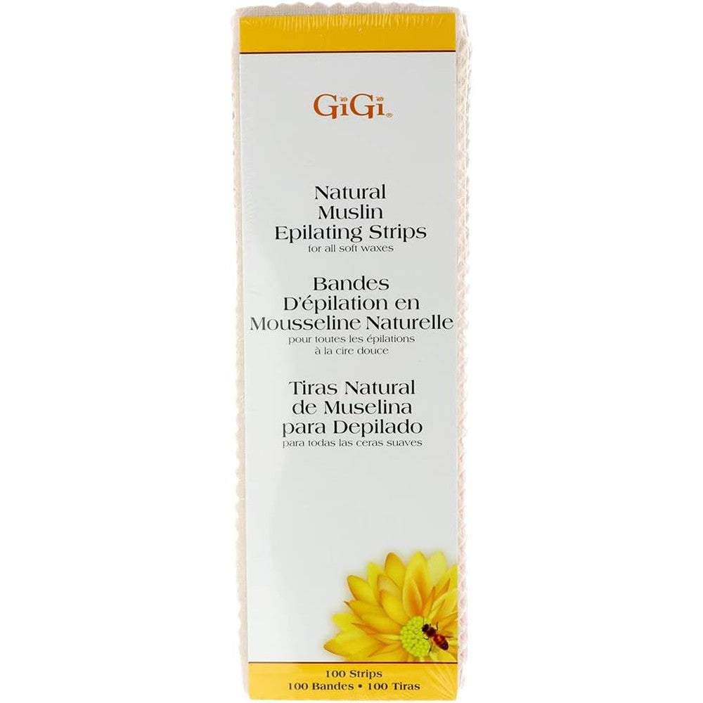 GiGi Natural Muslin Epilating Strips Large front view of the one hundred count packaging box.