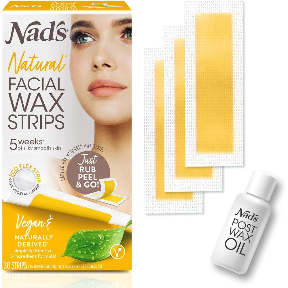 Nad's Facial Wax Strips kit front packaging view for premium facial hair removal.
