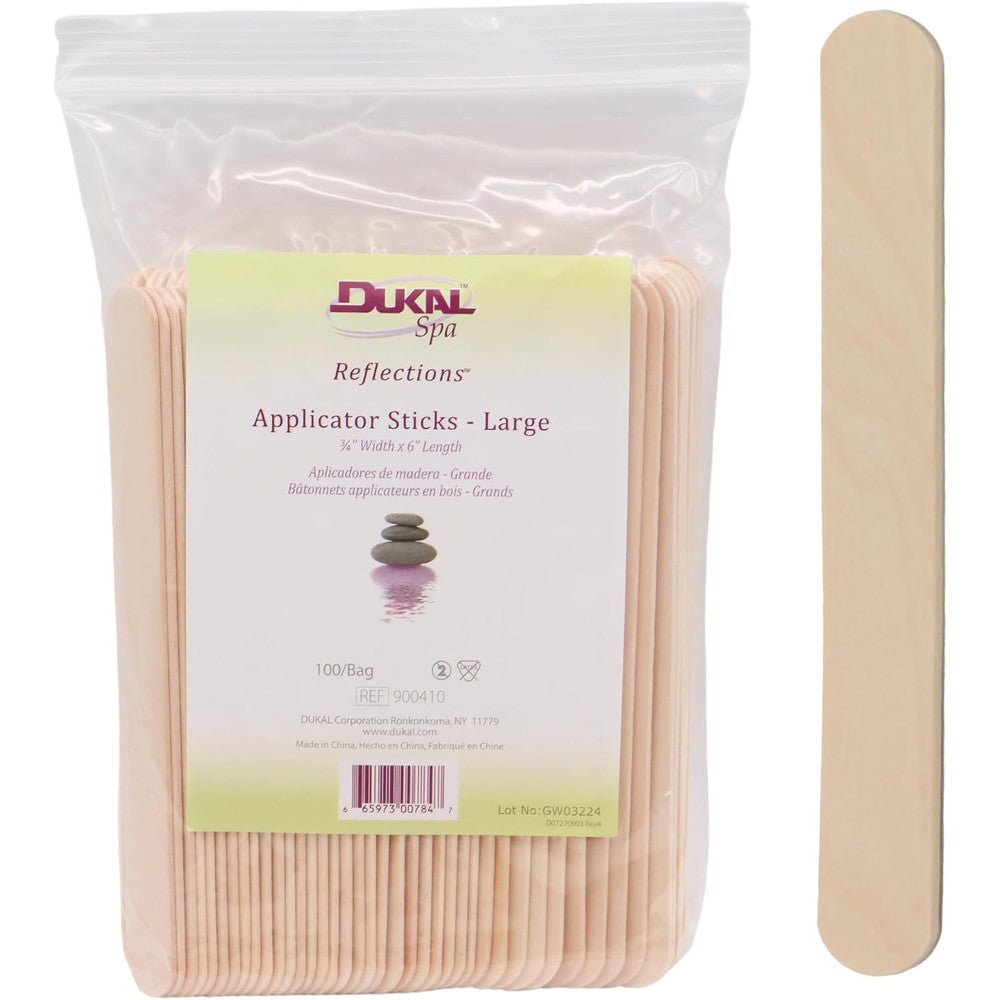 Dukal Large Wooden Wax Sticks front package view of salon quality wax applicators