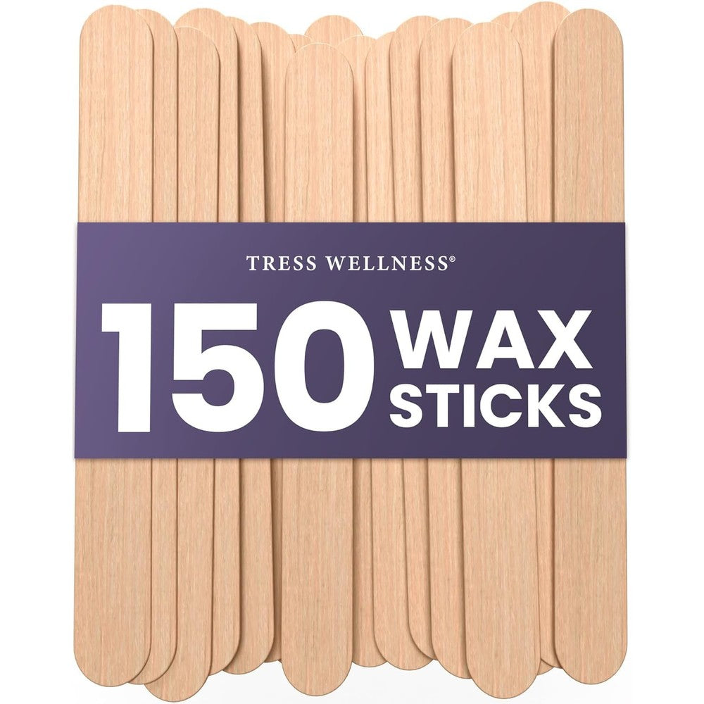 Tress Wellness premium wooden waxing sticks front packaging view showing one hundred and fifty count