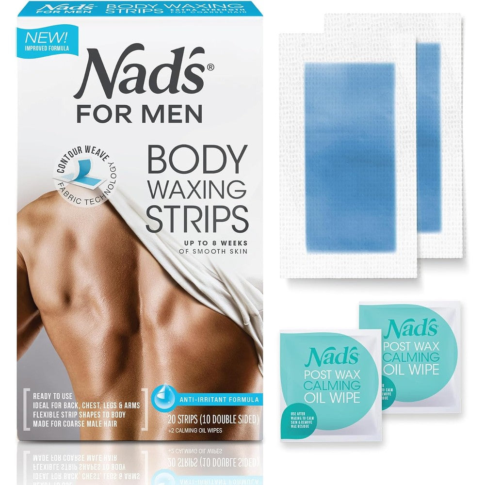 Nad's For Men Body Wax Strips front packaging view showcasing at home waxing kit for men.