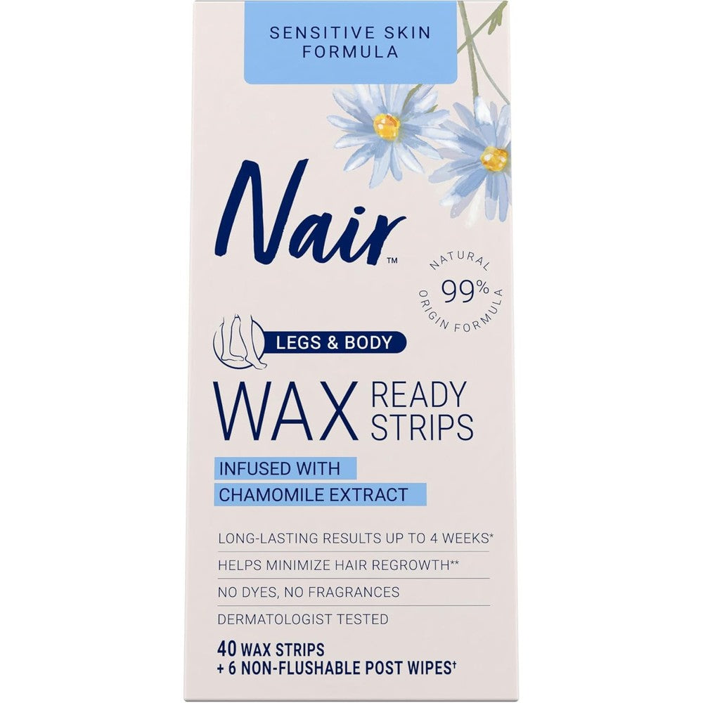 Nair Sensitive Hair Remover Wax Ready Strips front packaging view showcasing 40 count wax kit