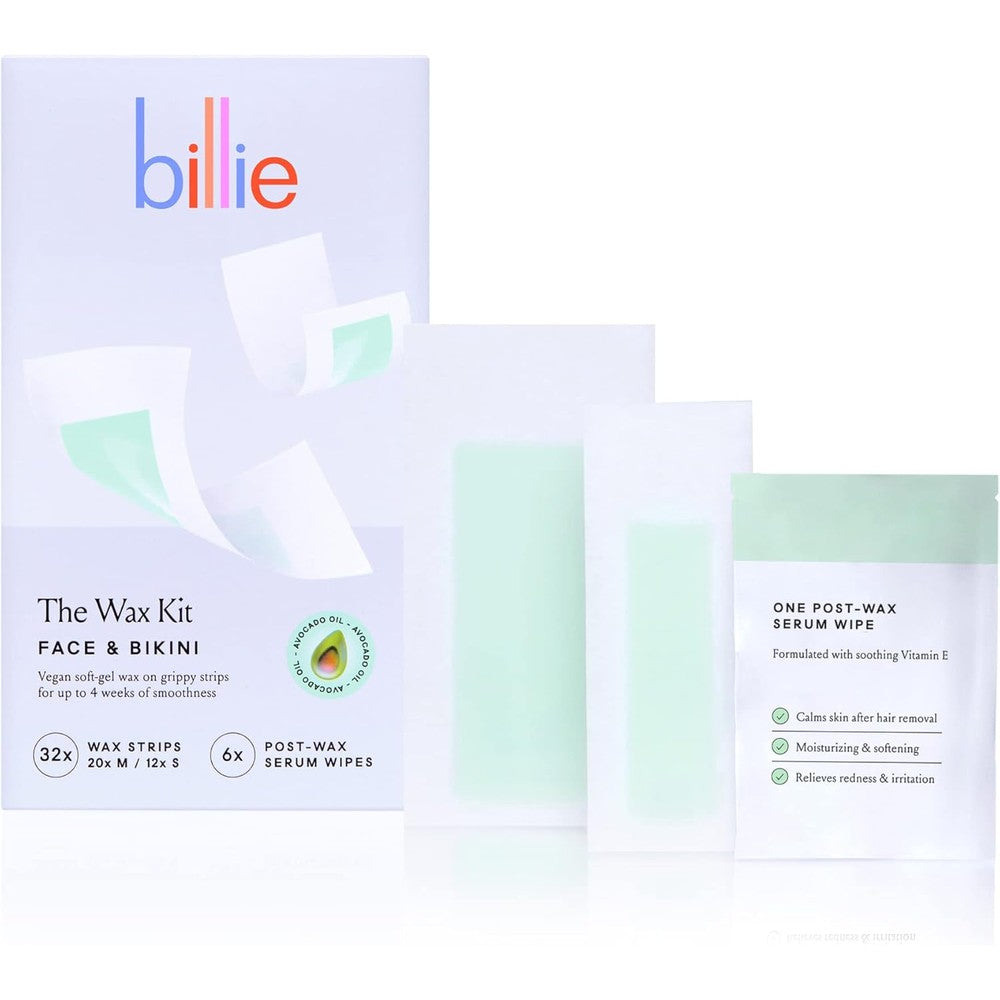 Billie wax kit containing 32 face and bikini wax strips with post wax serum wipes