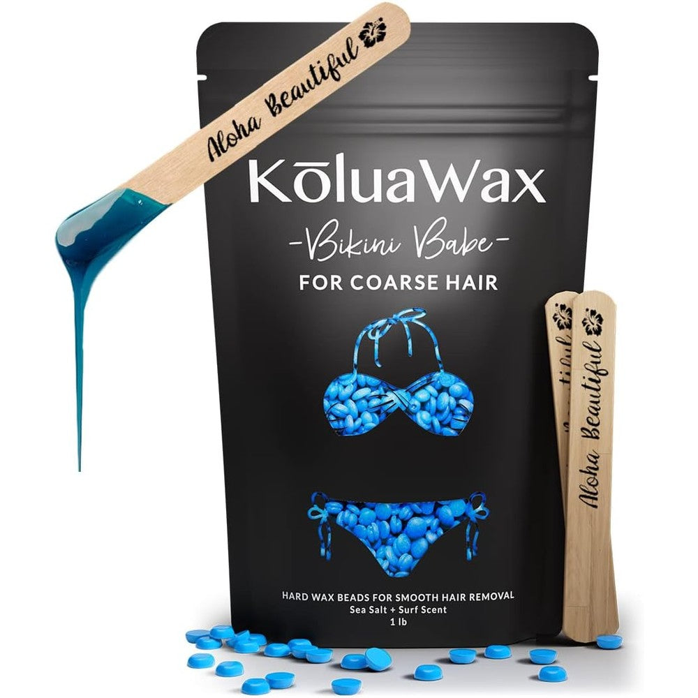 KoluaWax Hard Wax Beads for Hair Removal – Coarse Hair Formula – Face, Brazilian, Underarms, Back Chest, Bikini Waxing – Sea Salt & Surf, 1lb Refill for Wax Warmers & 10 Large Applicator Sticks