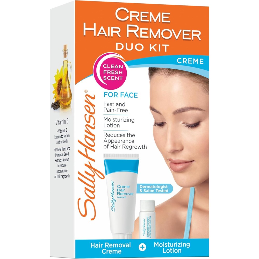 Sally Hansen Cream Hair Remover Kit front view packaging showcasing facial depilatory system