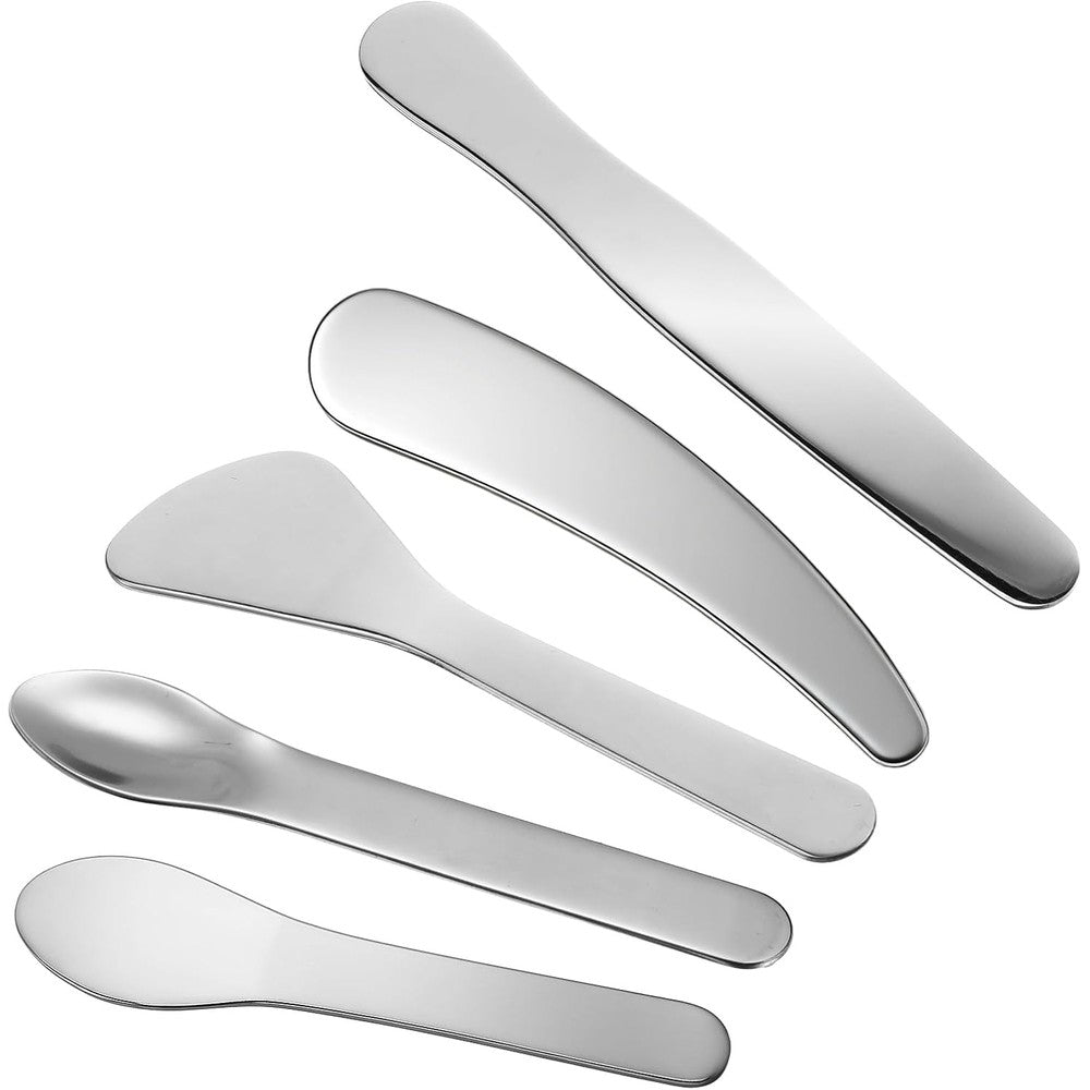 FdcLixuvol 5-piece stainless steel makeup spatula set laid out in a row showing five different silver tool designs.