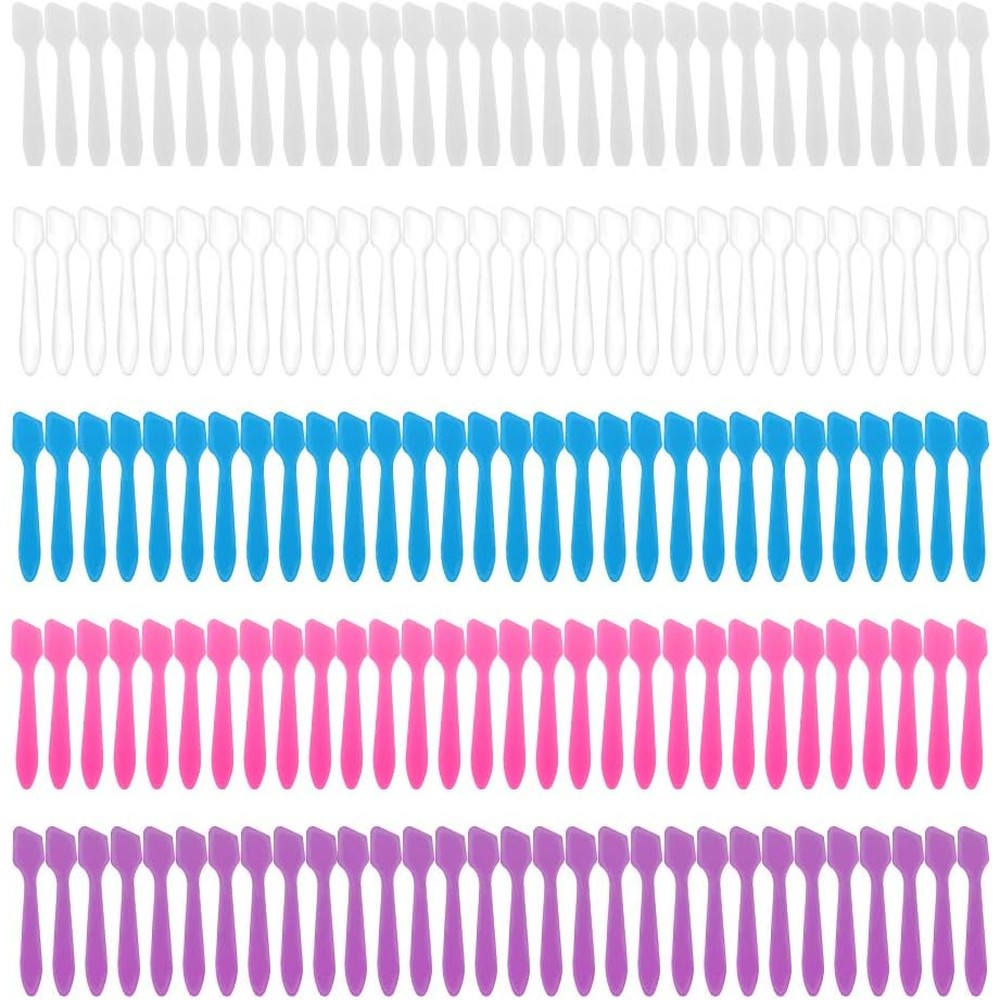 Accmor mini makeup spatulas 300 count pack front view showcasing various colorful frosted cosmetic scoops for skincare hygiene.