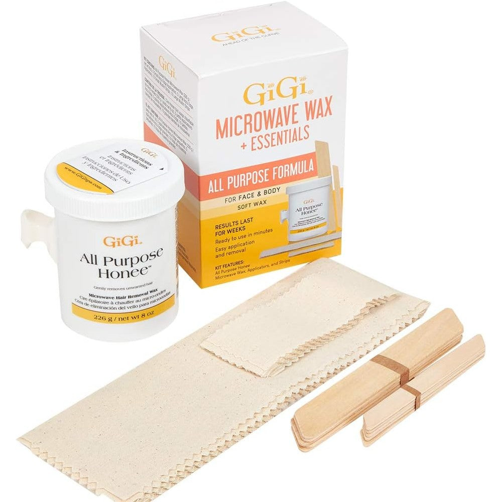 GiGi Microwave Wax Kit All Purpose Honee front view packaging showcasing the 8 ounce tub and waxing accessories.