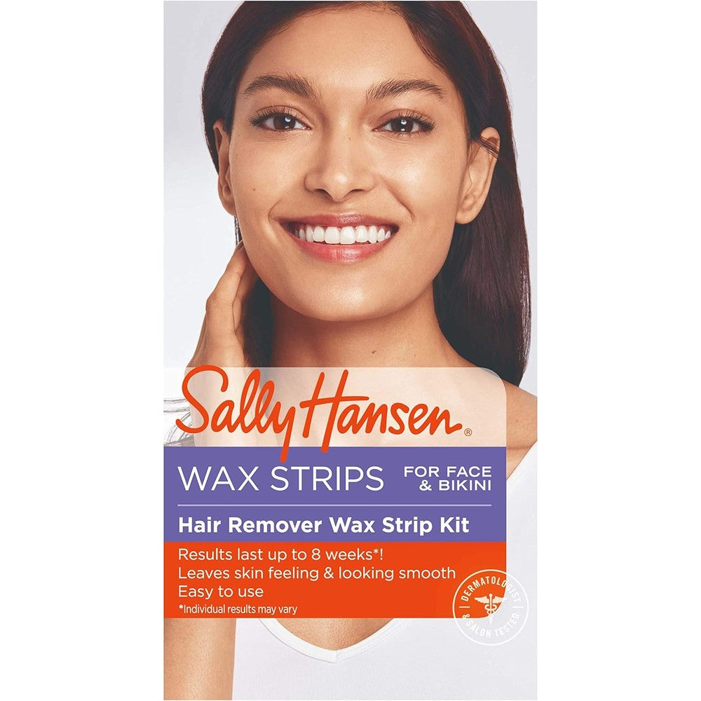 Sally Hansen Hair Remover Wax Strip Kit front view package containing 20 count pack of 2 for face and bikini grooming