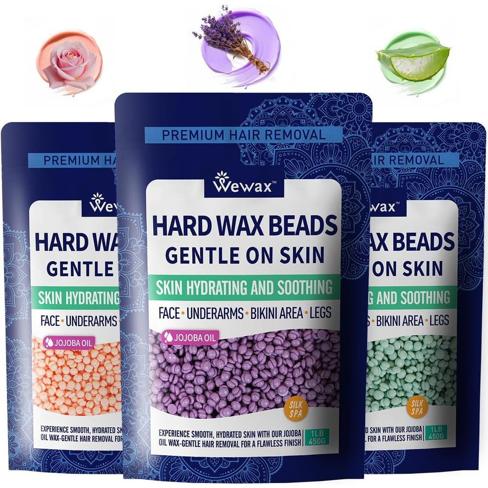 Wax Bear Hard Wax Beads Kit front packaging view showcasing the three pound bag of purple hair removal beans.