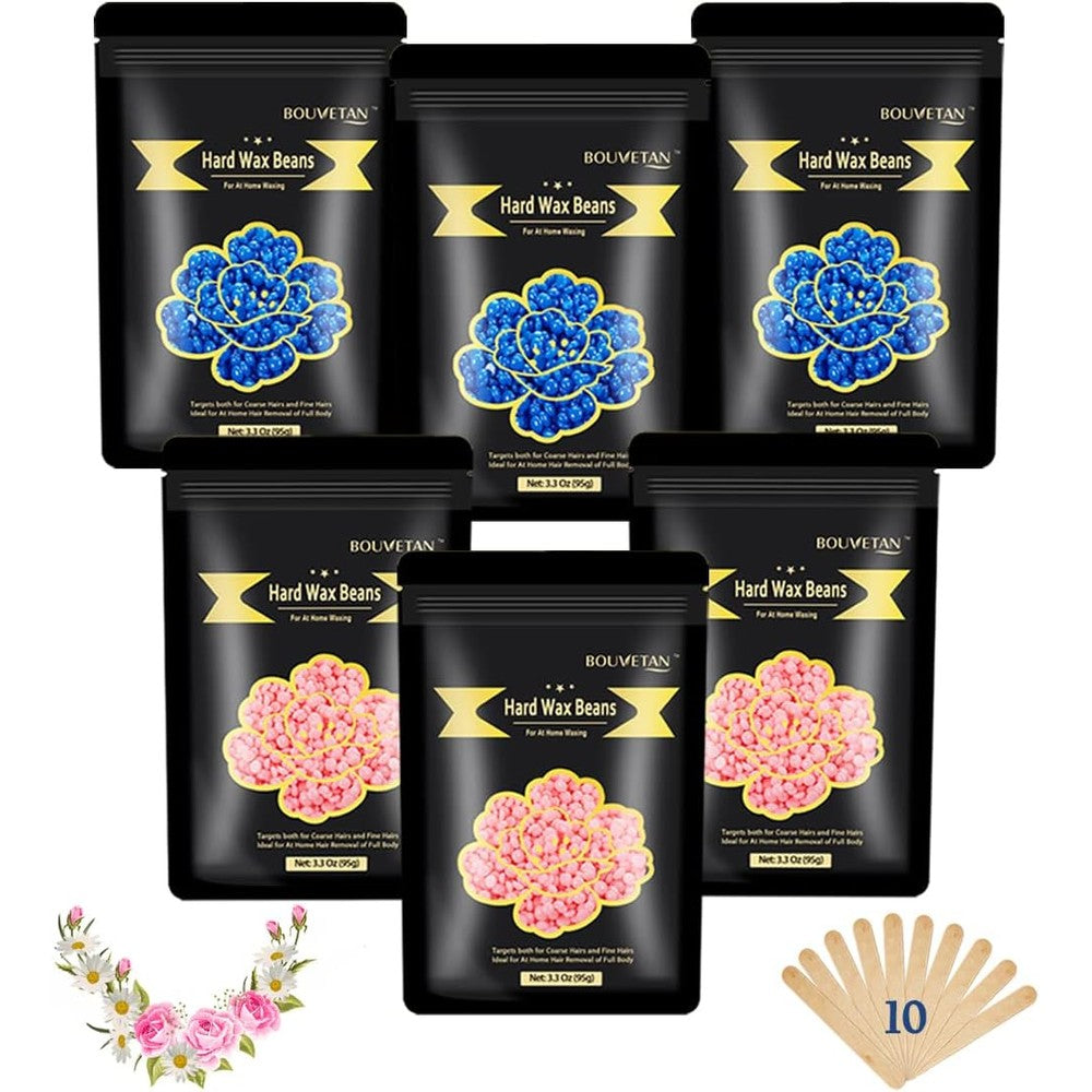 Bouvetan hard wax beans hair removal kit front view packaging with six colorful wax packs and wooden applicator spatulas