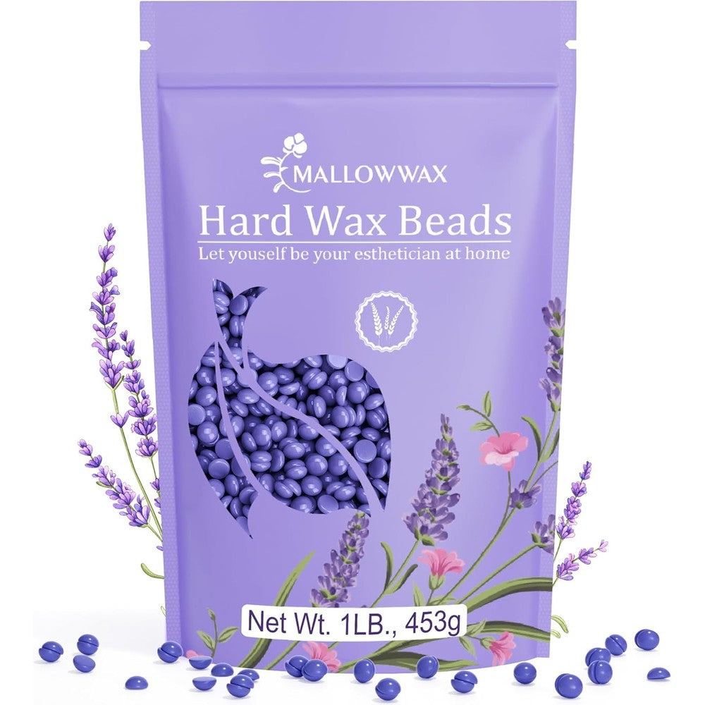 Mallowwax Hard Wax Beads front view packaging of lavender hair removal beans.