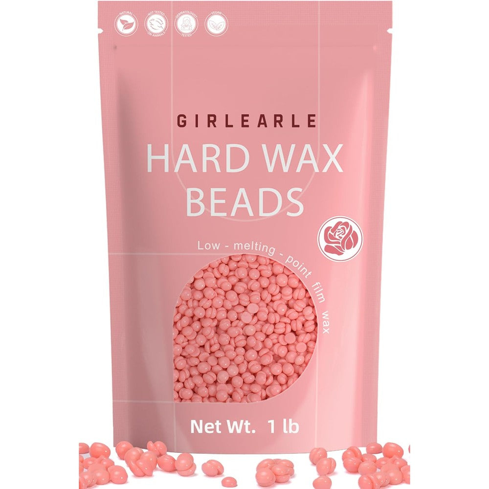 GIRLEARLE Hard Wax Beads front view packaging showcasing pink rose formula hair removal beans.