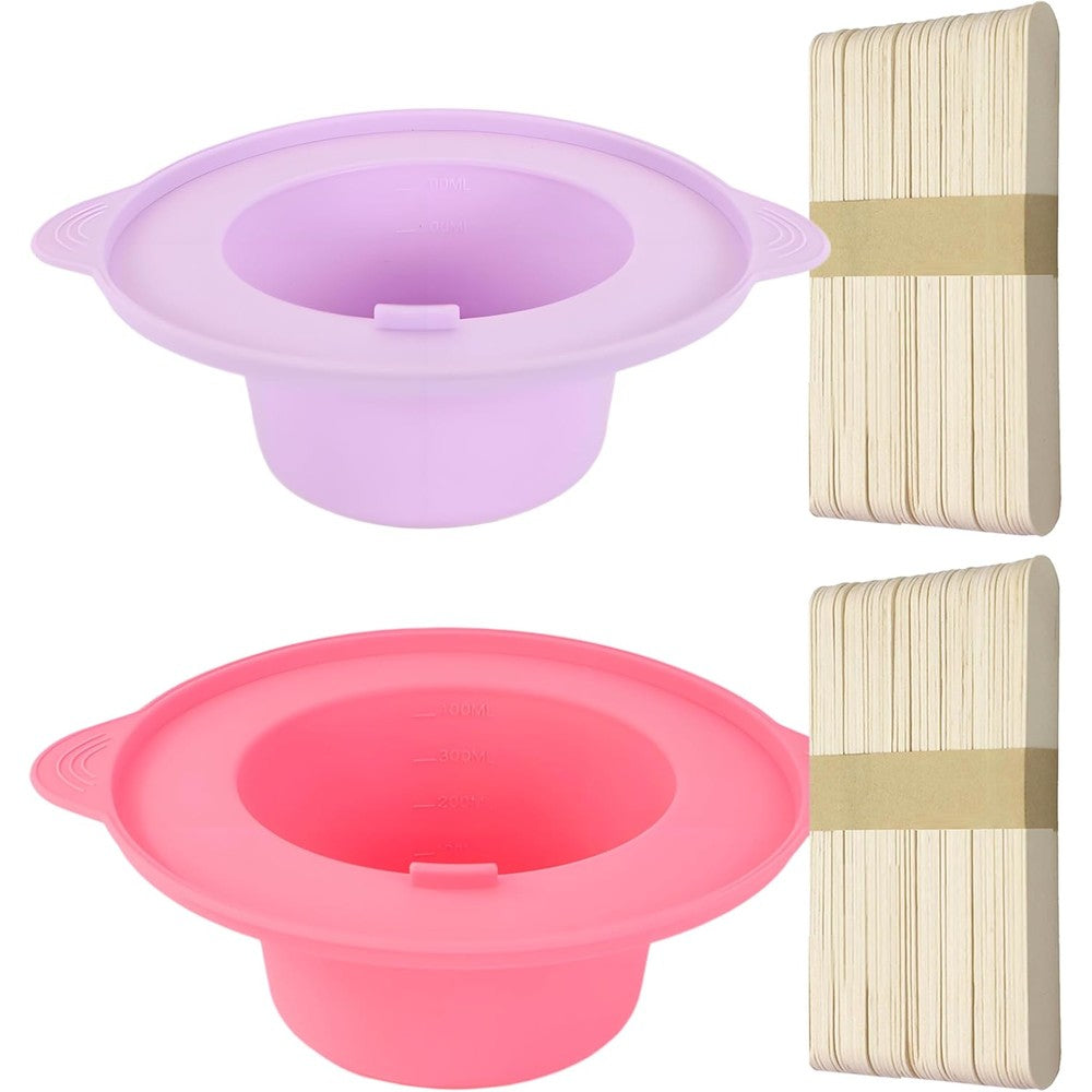 Leisenor silicone wax warmer liner set front view showcasing pink and purple bowls with wooden sticks