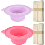 Leisenor silicone wax warmer liner set front view showcasing pink and purple bowls with wooden sticks