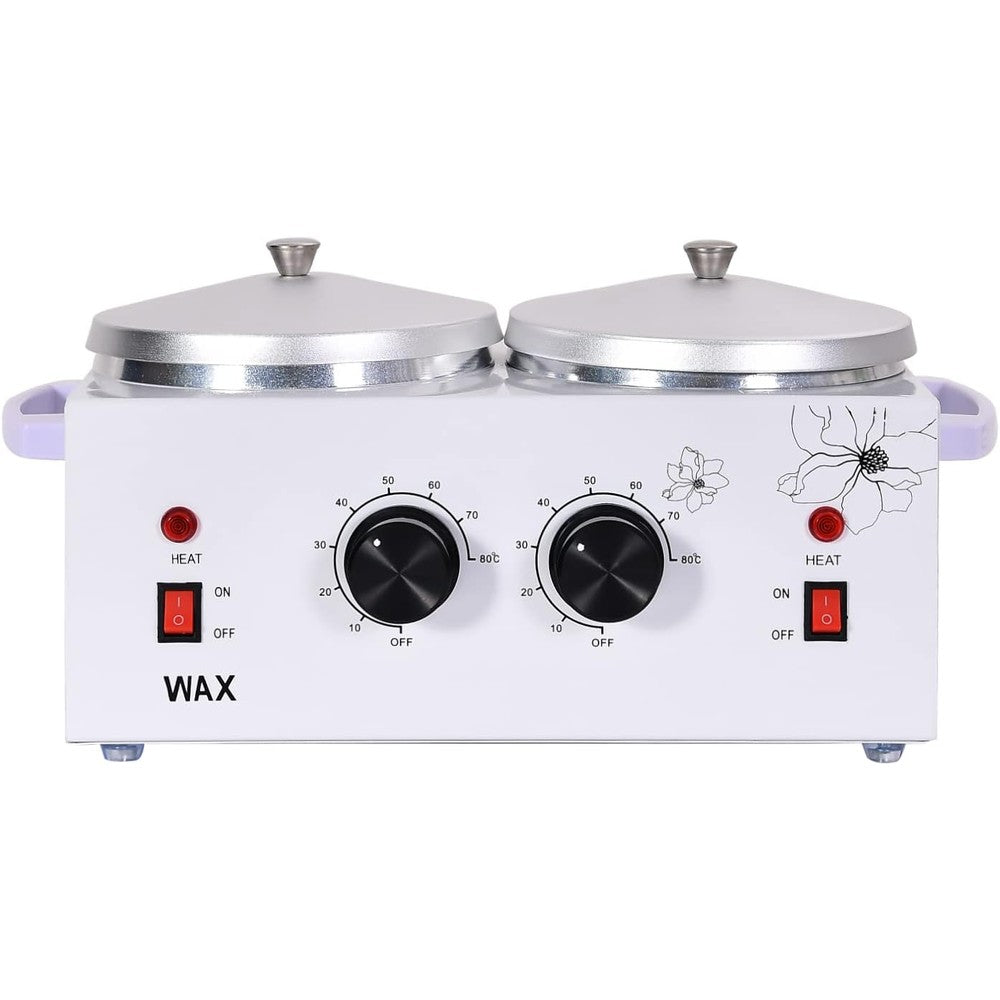 WMLBK professional wax warmer machine front view showing double pots and independent temperature control knobs.
