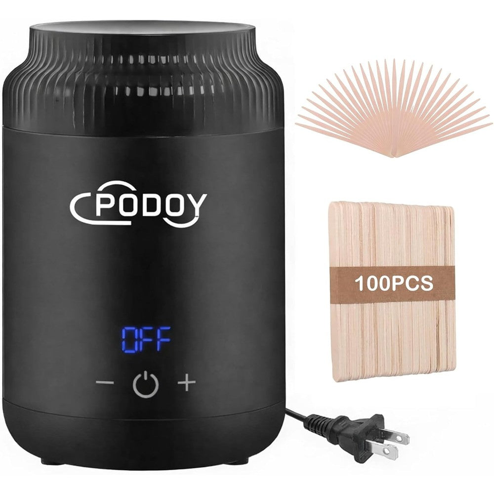 Podoy Mini Wax Pot Warmer front view showing digital temperature display and compact black design.