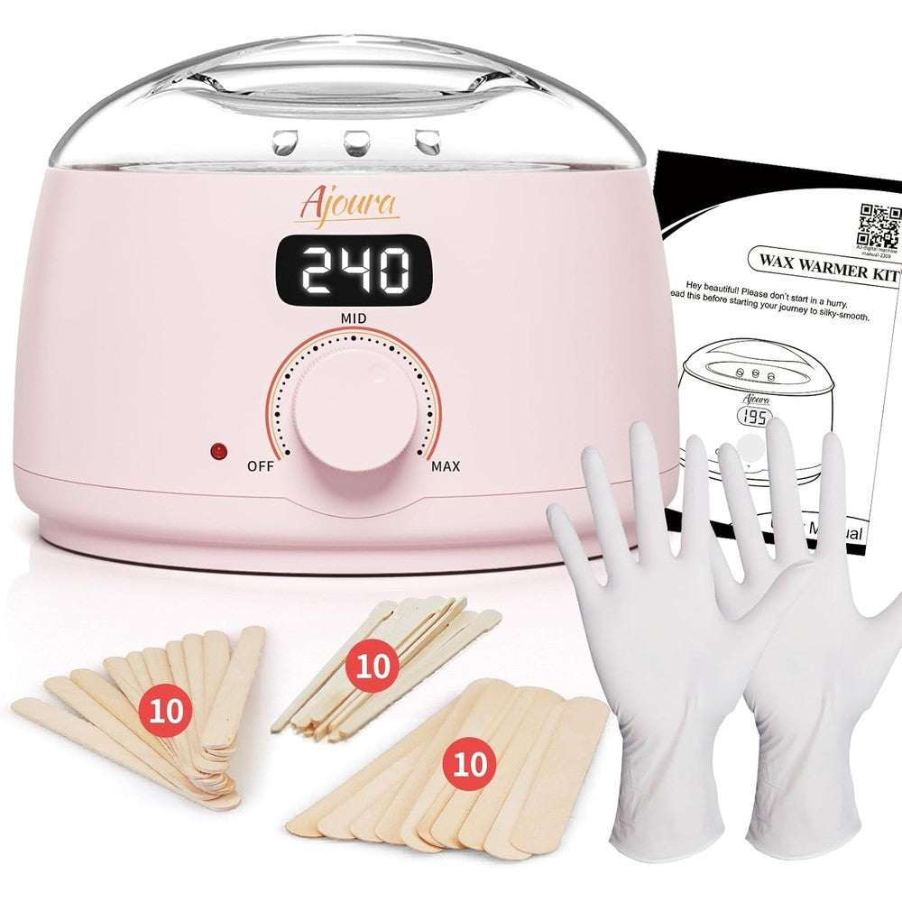 Ajoura Digital Wax Warmer kit front view showing the LED display and clear lid