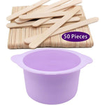 LEISENOR silicone wax pot liner front view showing purple replacement bowl and wooden waxing sticks