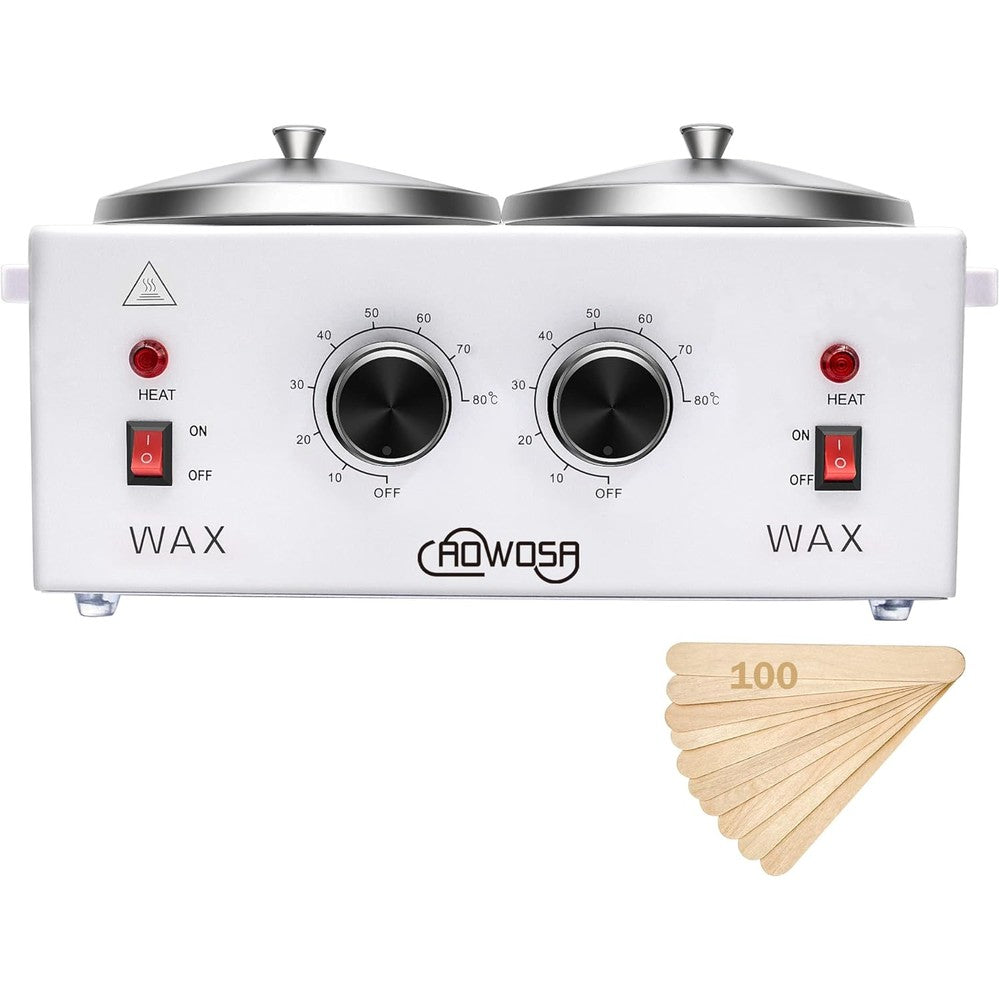 AOWOSA professional double pot wax warmer front view showing dual temperature control dials