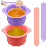 Mciskin silicone wax warmer liner set front view showcasing purple and pink bowls with matching spatulas
