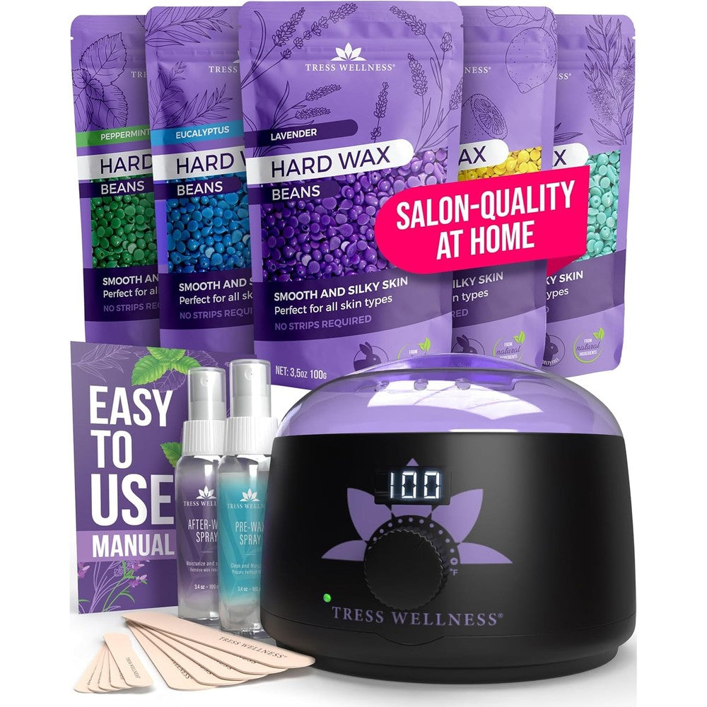 Tress Wellness digital display waxing kit front view showcasing the black and purple flower wax warmer pot.