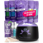 Tress Wellness digital display waxing kit front view showcasing the black and purple flower wax warmer pot.