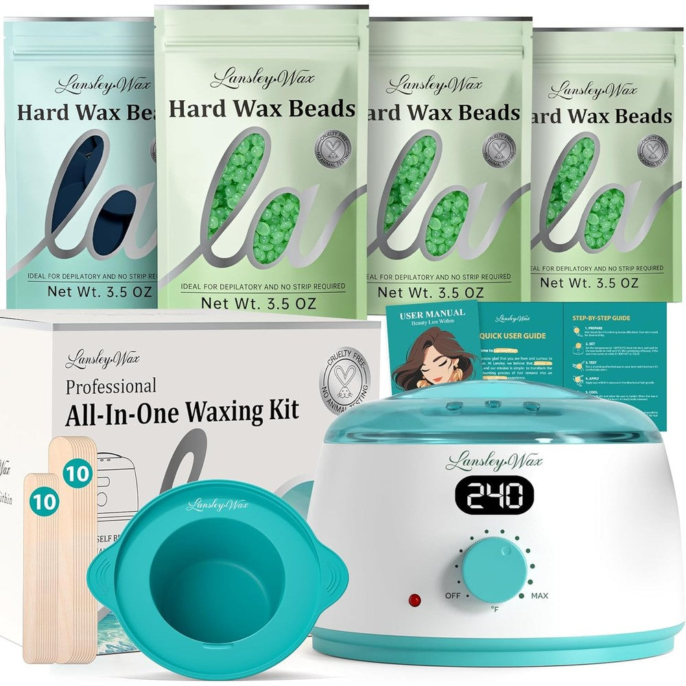 LANSLEYWAX digital waxing kit front view showing the sea green electric wax warmer and digital display screen.