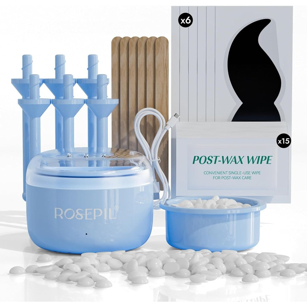 Rosepil facial hair waxing kit front view with portable light blue wax warmer and hard wax beans