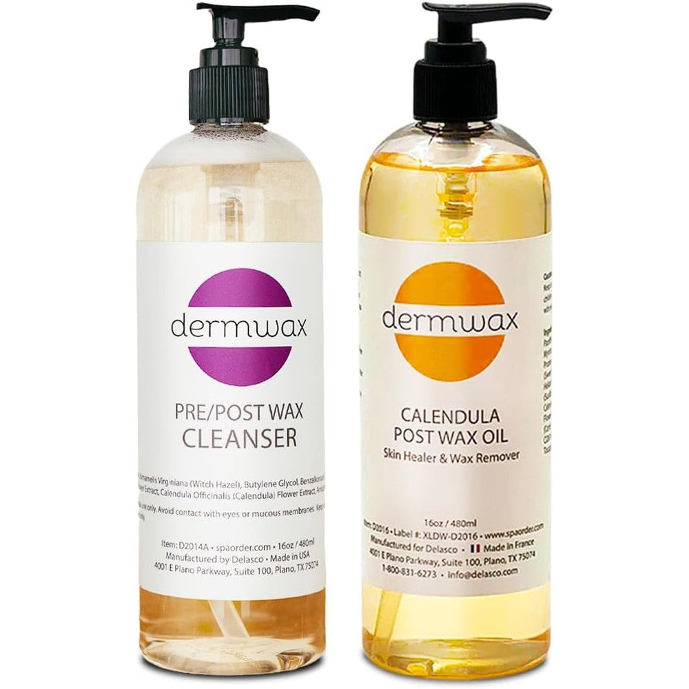 Dermwax Pre and Post Wax Care Kit front view bottle setup for salon hair removal prep