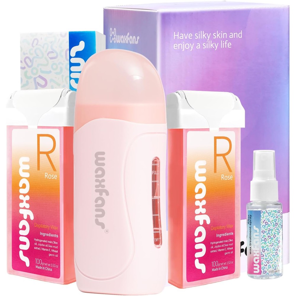 Waxfans roll on wax kit front view with portable warmer and rose refills