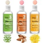 VUEYAA before and after waxing skin care kit front view showing three step hair removal bottles