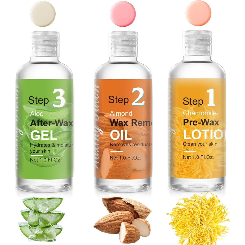 VUEYAA before and after waxing skin care kit front view showing three step hair removal bottles