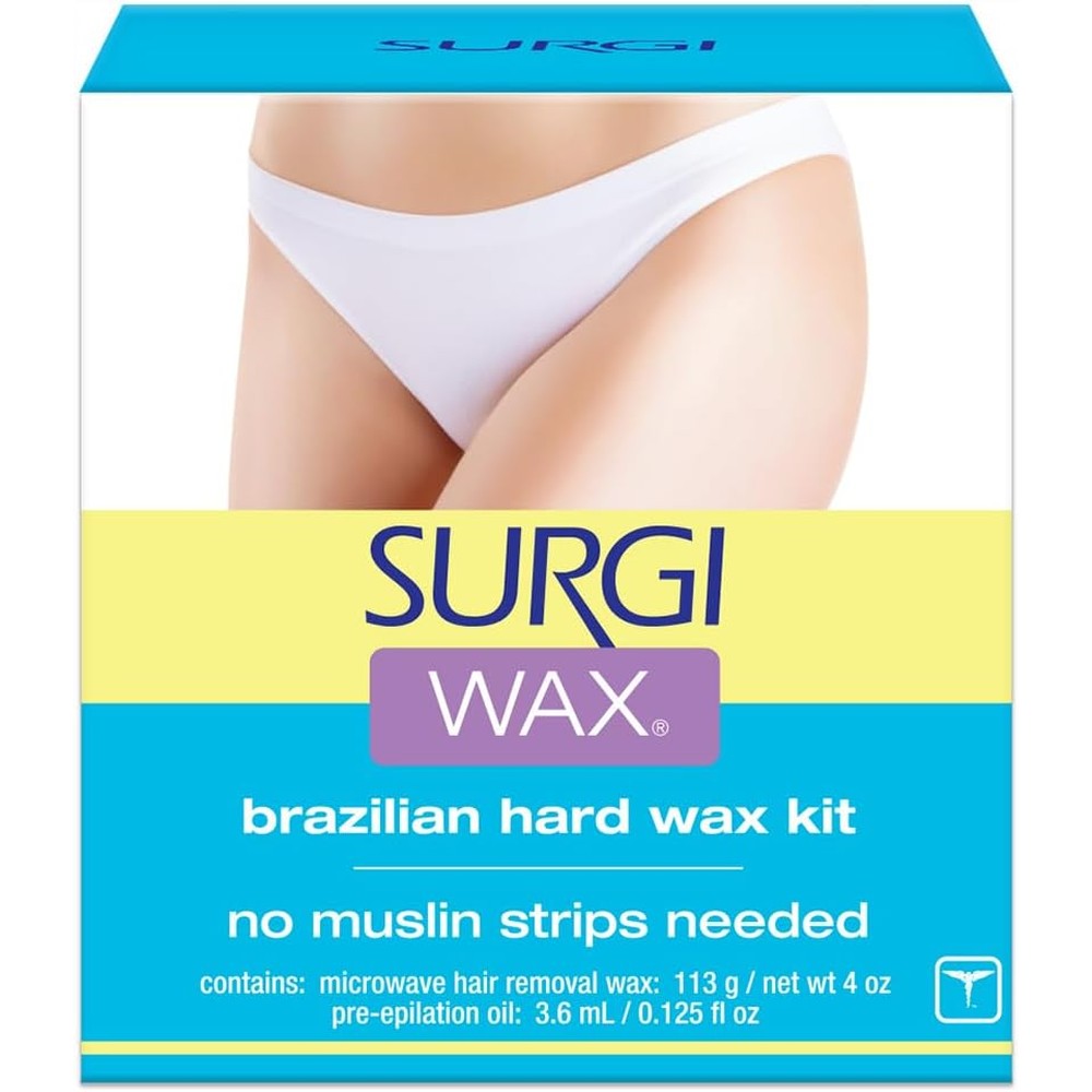 Surgi Wax Brazilian Hard Wax Kit front view packaging showing the four ounce microwaveable jar and pre epilation oil bottle